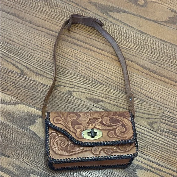 Handcrafted Leather Clutch Small Brown Floral Detail Adjustable Strap - Picture 9 of 9